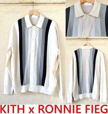 BLACK全新KITH x RONNIE FIEG直線條紋漸層針織POLO罩衫/長袖薄外套