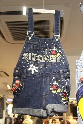 nalia.shop【158】韓國版型米奇MICKEY釘珠吊帶牛仔褲。只有S號1件，M號2件。售完不追加。