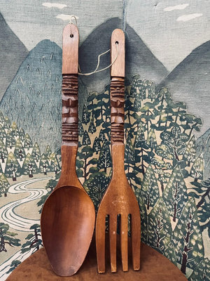vintage中古木雕勺叉，夏威夷木雕裝飾勺叉，餐廳復古裝飾