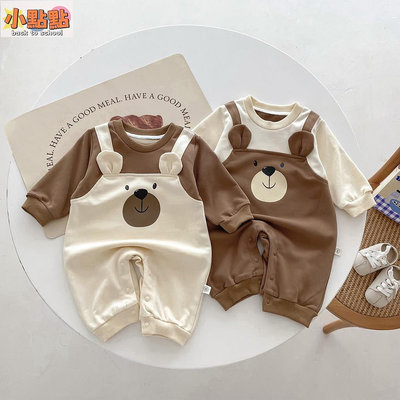 寶寶可愛小熊連身衣長袖保暖新生兒假兩件套連體衣