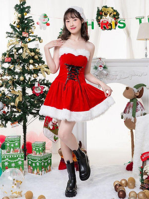 【連身裙】聖誕節服裝聖誕節抹胸綁帶舞臺裝連身裙小披肩ChristmasDress。
