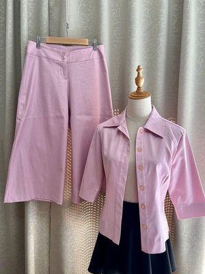 正韓BodyMap 質感粉色七分袖小西裝外套 七分寬褲 粉紅套裝 兩件套女水蜜桃粉套裝M