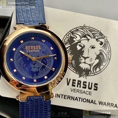VERSUS VERSACE手錶,編號VV00316,36mm玫瑰金圓形精鋼錶殼,寶藍色獅頭錶面,寶藍真皮皮革錶帶款