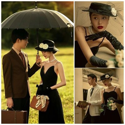 赫本風婚紗攝影道具流行法式復古英倫田園戶外拍照黑傘禮帽手提箱~特價