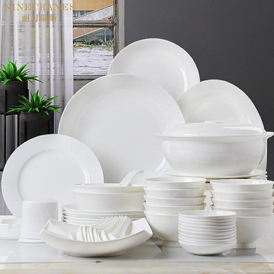 高檔純白骨瓷碗碟套裝家用餐具中式簡約陶瓷碗盤筷子組合喬遷送禮