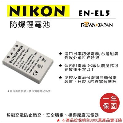 展旭數位 樂華 FOR Nikon EN-EL5 相機電池 鋰電池 防爆 原廠充電器可充 保固一年