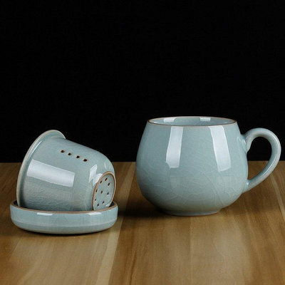 茶藝師 青瓷茶水分離同心杯 哥窯冰裂帶蓋過濾杯 辦公室可愛嘟嘟杯馬克杯
