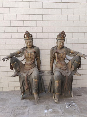 民俗手工藝品 木雕彩繪佛像 坐桌自在觀音菩薩造像擺件  高