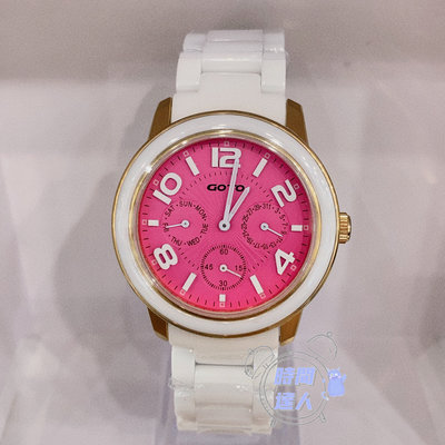 [時間達人]GOTO 躍色純粹時尚純白陶瓷手錶- 三眼手錶 星期 日期 IP玫x白刻度(GC6106M) 桃色面