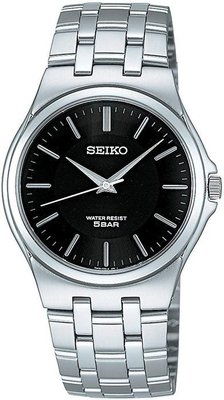 SEIKO WATCH 精工日本製簡約圓弧鏡面鏡黑面銀刻度超薄不銹鋼三鈑實心鋼帶中性腕錶 型號：SCXP023