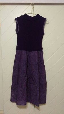 古著紫色立領拼接保暖無袖長洋裝