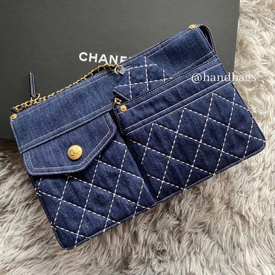 【翰貝格名牌館】全新真品 Chanel 經典藍 牛仔 菱格紋 白車線 金釦 多口袋 二合一 手拿包 零錢包 AP1016 現貨