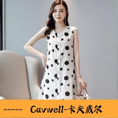 Cavwell-棉麻洋裝 2020夏季新款大碼寬鬆A字無袖棉麻波點洋裝背心裙韓版襯衣裙子-可開統編