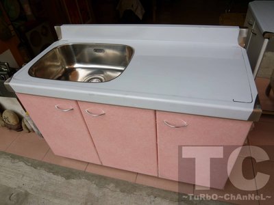 流理台【120公分洗台-左水槽】台面&amp;櫃體不鏽鋼 粉紅線條門板 最新款流理臺