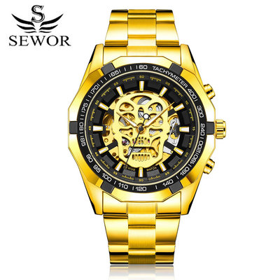 現貨男士手錶腕錶新款 SEWOR 骷髏頭 歐美男士時尚休閑鏤空自動機械手錶
