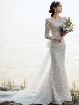 現貨熱銷-法式輕婚紗202021新款新娘氣質簡約公主風魚尾小眾仙氣結婚禮服裙
