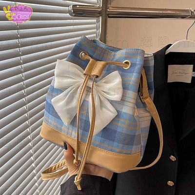 韓國MM=小眾設計蝴蝶結水桶包包女爆款帆布手提袋學生上課斜挎包= 側包/肩包/手提包/水桶包/斜背包/手機包