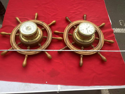 德國老船舵掛鐘和溫度計，一對裝西洋古董