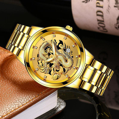 男士手錶 金色浮雕金手錶 成熟鋼帶腕錶 龍表