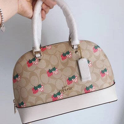 現貨熱銷-COACH 91514 新款女士經典PVC配牛皮草莓印花貝殼包 手提包 單肩斜跨包側背包
