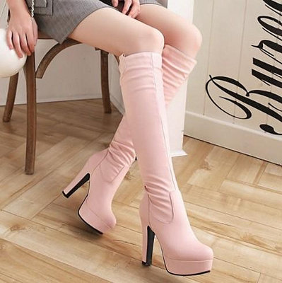 粉色女靴子粉色高筒靴粗跟騎士靴大碼41 42 43 44 45碼超高跟靴子