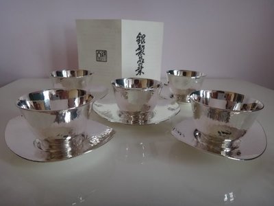 日本銀川堂 純銀茶杯組+茶托組  龜甲紋  台中面交可