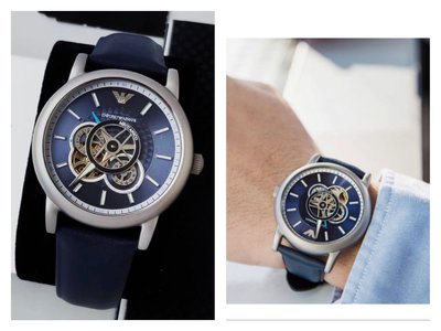 EMPORIO ARMANI 鏤空錶盤 藍色皮革錶帶 自動機械錶 AR60011