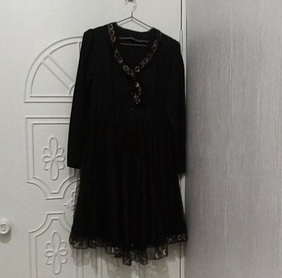【1172】復古 雪紡 拼網紗 蕾絲 長袖 洋裝 黑色 二手