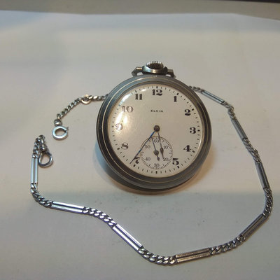 【古錶傳承】美國 Elgin 愛爾琴 古董懷錶 手上鏈 白瓷面 藍鋼劍針 小秒針 金屬鏈  無底價 標多少都賣！