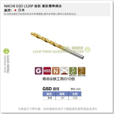 【工具屋】*含稅* NACHI 9.9mm GSD L520P 鍍鈦 覆鈦標準鑽頭 直柄鐵鑽尾 白鐵 不銹鋼 鐵工