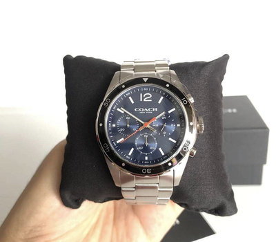 COACH 黑色圈 藍色面錶盤 銀色不鏽鋼錶帶 石英 三眼計時 男士手錶 14602032