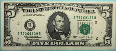 【滴水洞】美洲錢幣~美國綠印美金5元紙鈔(舊版小頭)雙BB字軌