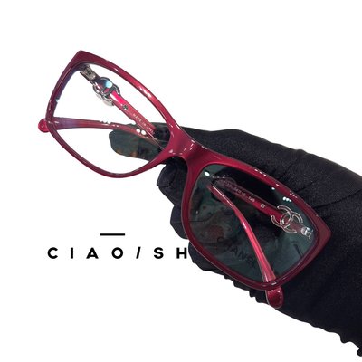 CIAO/SH 名牌精品店 Chanel 酒紅色膠框兩側CC Logo 平光眼鏡