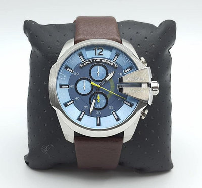 DIESEL Mega Chief 海洋藍色錶面盤 深棕色皮革錶帶 石英 三眼計時 男士手錶DZ4281
