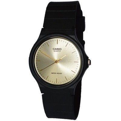 【神梭鐘錶】CASIO WATCH 卡西歐都會風性格極簡考試指針香檳金面金針石英黑腕錶 型號：MQ-24-9E