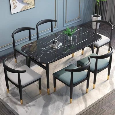 TANG輕奢餐桌家用飯桌現代簡約餐桌椅組合長方形加厚仿大理石網紅餐臺