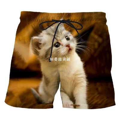 夏季新款沙灘褲男士定制貓可愛圖案 3D 短褲男印花透氣學生短褲-解憂雜貨鋪