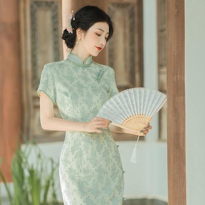春季新中式改良旗袍連衣裙民國富家千金小洋裝溫柔系素雅綠色裙子