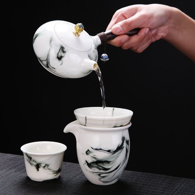 高端水墨風格白瓷茶具套裝家用意境側把茶壺手繪禪意蓋碗茶杯陶瓷茶具蓋碗超夯 正品 現貨