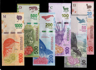 【低價外鈔】阿根廷 2016-22年 20~1000PESO 阿根廷披索 動物版紙鈔六枚一組，特價中