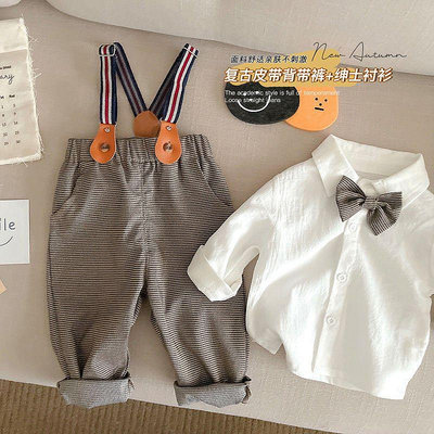 OMOKO 男童婚禮禮服 男童套裝ins春裝英倫風嬰兒寶寶週嵗紳士禮服休閒背帶褲+領結襯衫