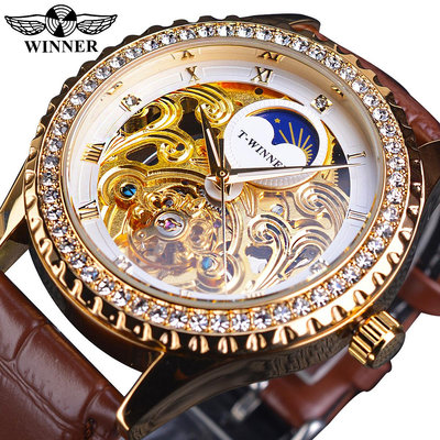 現貨男士手錶腕錶Winner鏤空男士腕錶水鉆自動機械手錶皮革手錶帶月相棕色皮帶