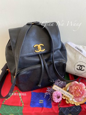 （售出）Chanel vintage 黑金荔枝皮大logo古董後背包