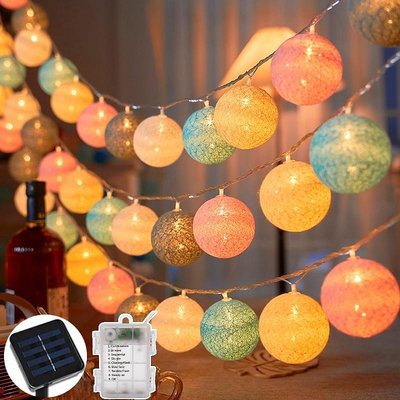 『老登燈具✨』20LED 太陽能馬卡龍彩色棉球串燈 USB供電花環童話燈 氣氛燈泡串燈 適用於傢庭婚禮聖誕派對戶外裝飾