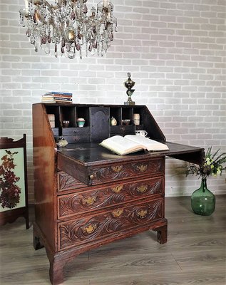 【卡卡頌 歐洲古董】1850 英國  百年古董  純手工 可掀式 捲葉  銅雕刻   個性  寫字桌  寫字櫃t0216