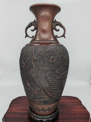 日本銅花瓶 浮雕  金工大師 能作吉秀作品 高31CM 凈重