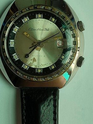 機械手上鏈響鈴錶，日本星辰（CITIZEN）古董表，手動上鍊機芯，壓克力風防，面盤有歲月的痕跡，錶徑42 mm，運行正常