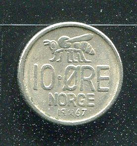 【硬幣】NORWAY (挪威), 10 ORE , K411 , 1967 #203385 品相極美XF