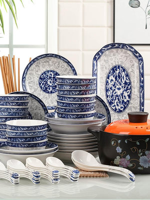 碗碟套裝家用78件青花瓷碗魚碟子組合餐具中式碗盤10人用創意碗筷_木初伽野