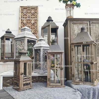 設計師創意室內外家居飾品戶外花園復古實木鐵藝玻璃燭臺風燈馬燈~正品 促銷